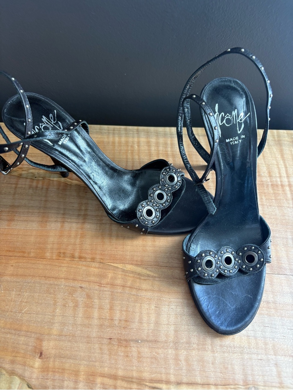 Icône Black Leather Studded Heels Made in Italy size 37 7